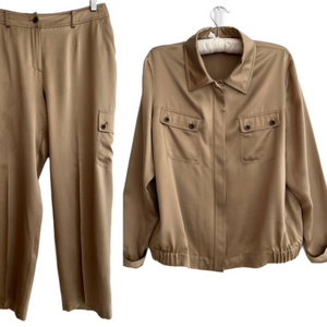 SILK 2 Piece Nygard Collection Bomber Style Jacket Cargo Pants Safari Chic